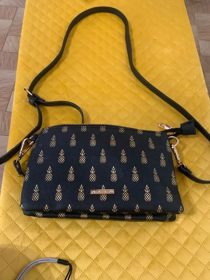 Sac à main Moa noir motif Ananas doré