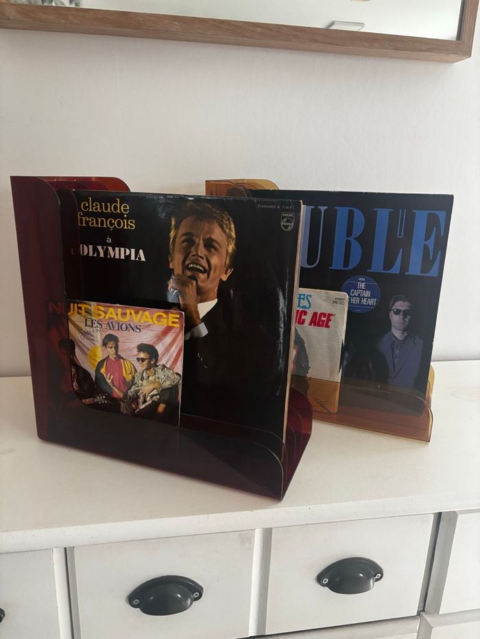 Vintage lot de deux range vinyles marron miel fumé - photo numéro 6