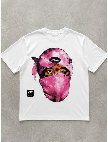 T-shirt streetwear rose/blanc graphique oversize – très bon état