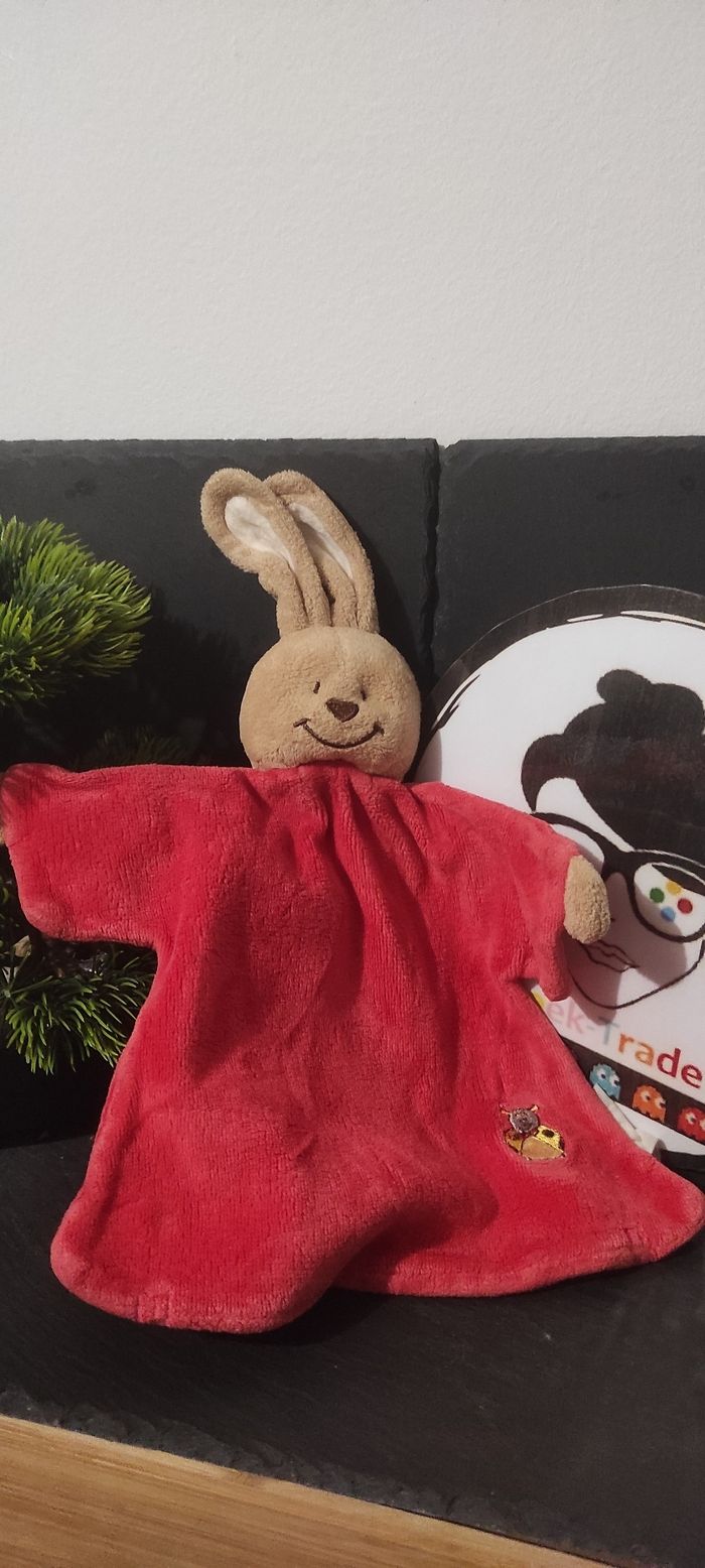 Doudou plat lapin rouge abeille ancien vintage coccinelle marron Jaune