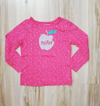 T Shirt rose à pois blancs manches longues In Extenso 6 ans avec une pomme " Miam