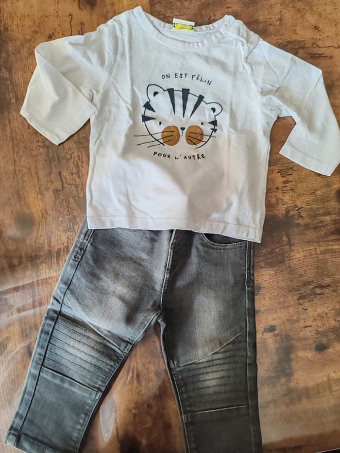 Ensemble garçon 12 mois t-shirt blanc et jean gris Grain de ble - photo numéro 2