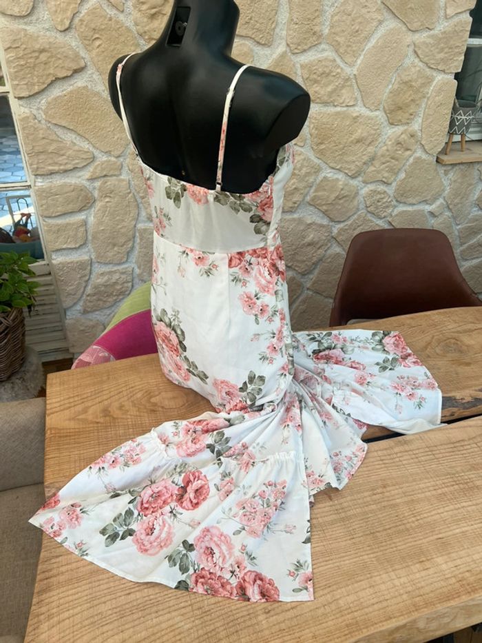 Robe bohème chic longue femme blanche à fleurs rose orangées taille S 36 shein été - photo numéro 5