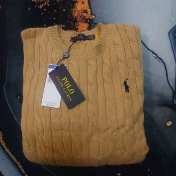 Pull torsadé col rond Polo Ralph Lauren camel logo brodé noir taille XL