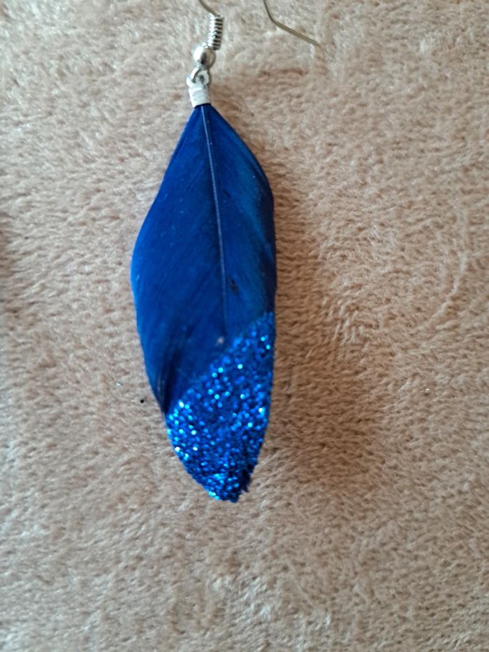 Boucles d'oreilles femme plume bleue - photo numéro 2