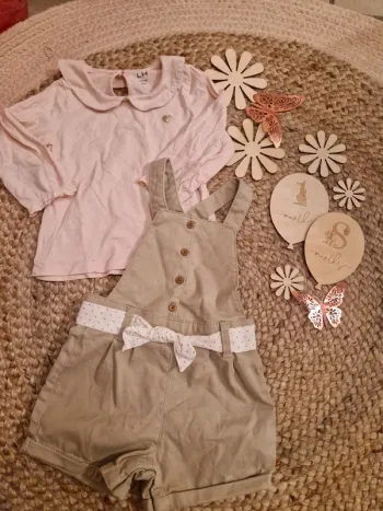 Ensemble t-shirt rose et robe beige obaïbi bébé fille 18 mois