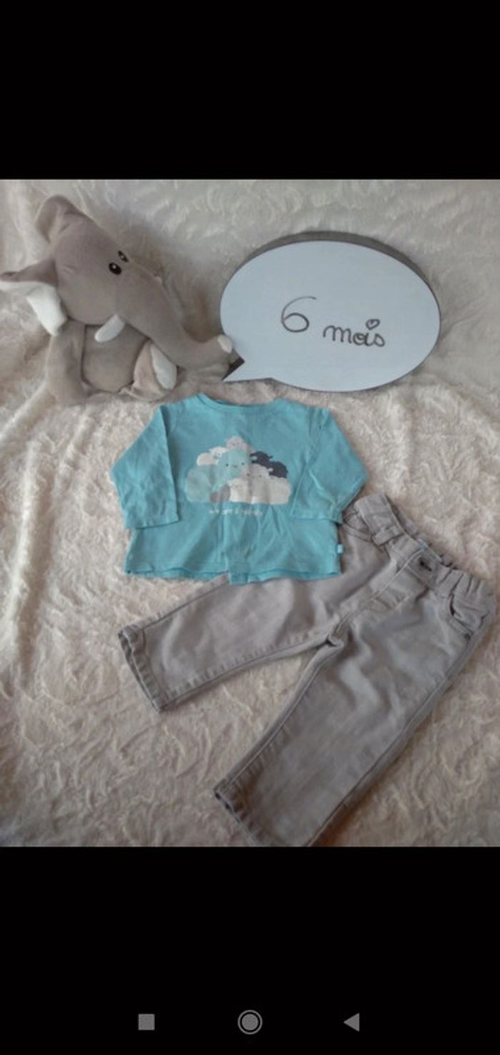 Ensemble (tee shirt manches longues+pantalon jeans) Garçon 6 mois Mouton Family Obaïbi