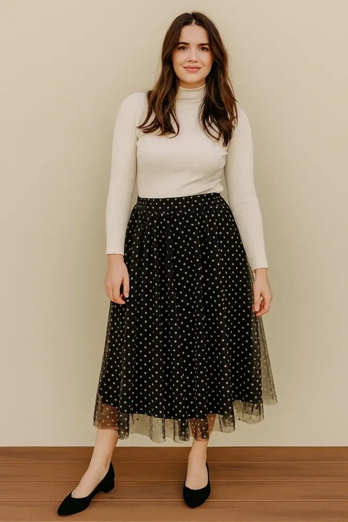 Très belle jupe élégante et chic longue en tulle noir à pois camel H&M taille XL