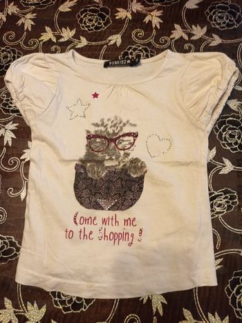 Tee-shirt manches courtes blanc imprimé chat avec strass