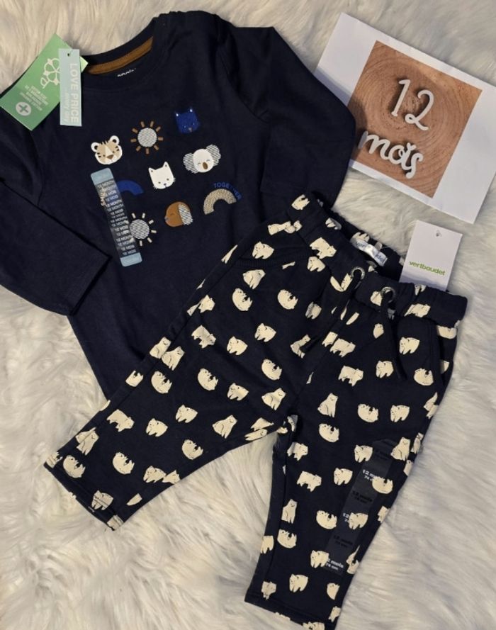 (Neufs non portés) 🏷🏷🥰😍 superbe ensemble teeshirt ml et pantalon molleton et molletonné 12mois Garçon 😍🥰💙 - photo numéro 2