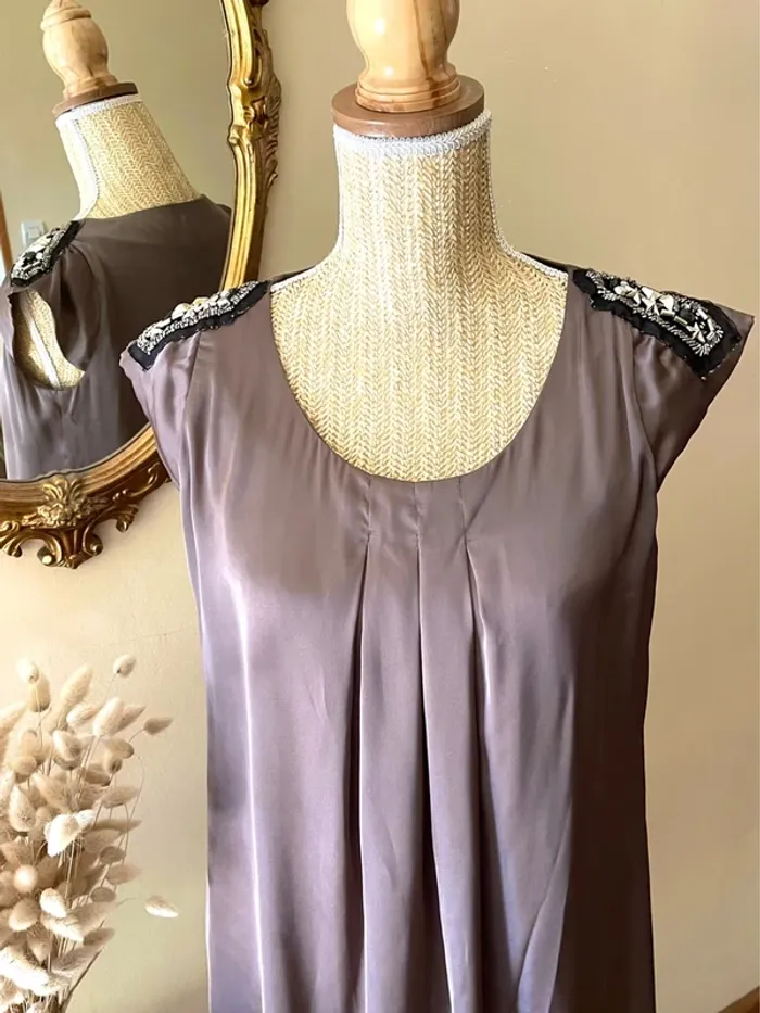 Robe gris Châtaigne Élégante satinée avec Détails en Sequins - photo numéro 4