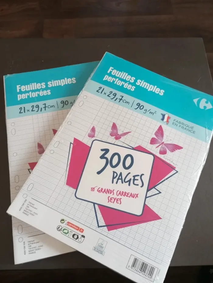 Lot feuilles perforées grand carreaux