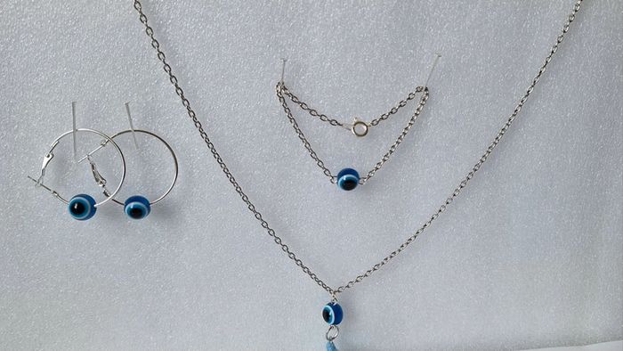 Ensemble bijou chaîne avec perles bleues – Collier, bracelet et boucles d’oreilles - photo numéro 5