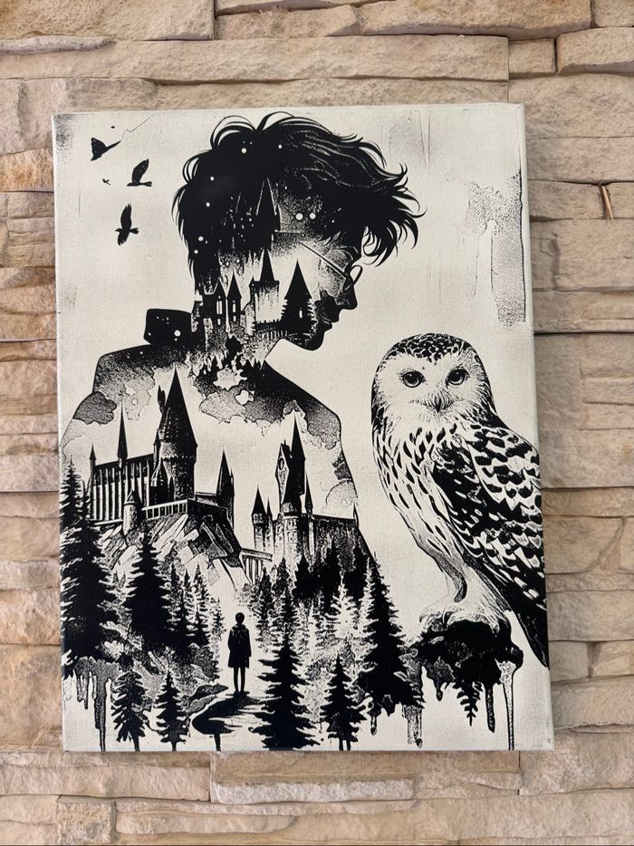 Tableau Harry Potter silhouette Edwige et Poudlard en toile 30x40cm - photo numéro 7