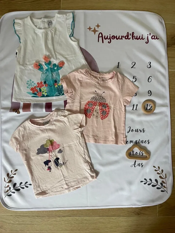 Lot de t-shirts bébé fille – Taille 12 mois – Obaibi, Absorba & Sans marque