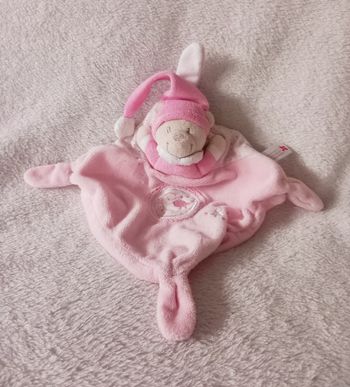 Doudou ours rose Nicotoy oiseau