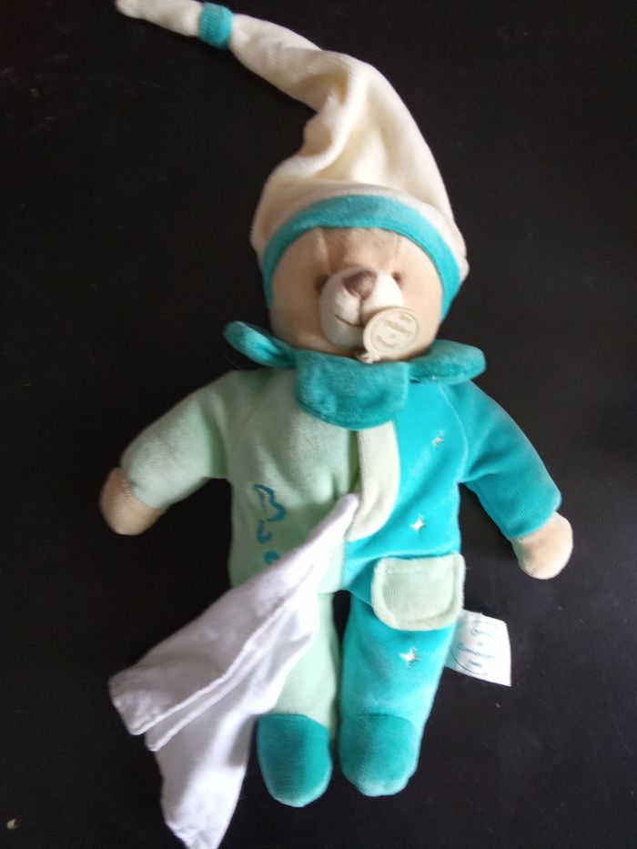 Doudou ours, bébé garçon bleu , blanc, vert pâle mouchoir, marque doudou et compagnie