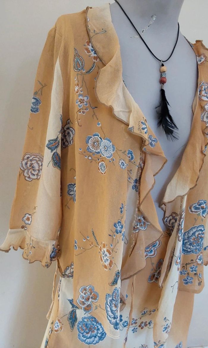 Superbe ensemble fluide Vintage beige bleu jupe et veste boléro T38 - photo numéro 3