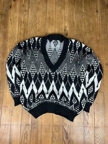 Pull maille vintage 100% laine col v motifs rayures noir blanc fait main L