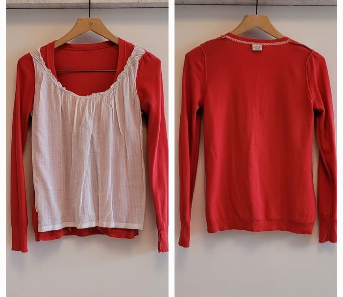Esprit Cardigan 2en1 TFr38- Col Rond -Cardigan Corail & Empiècement central Blanc - photo numéro 4