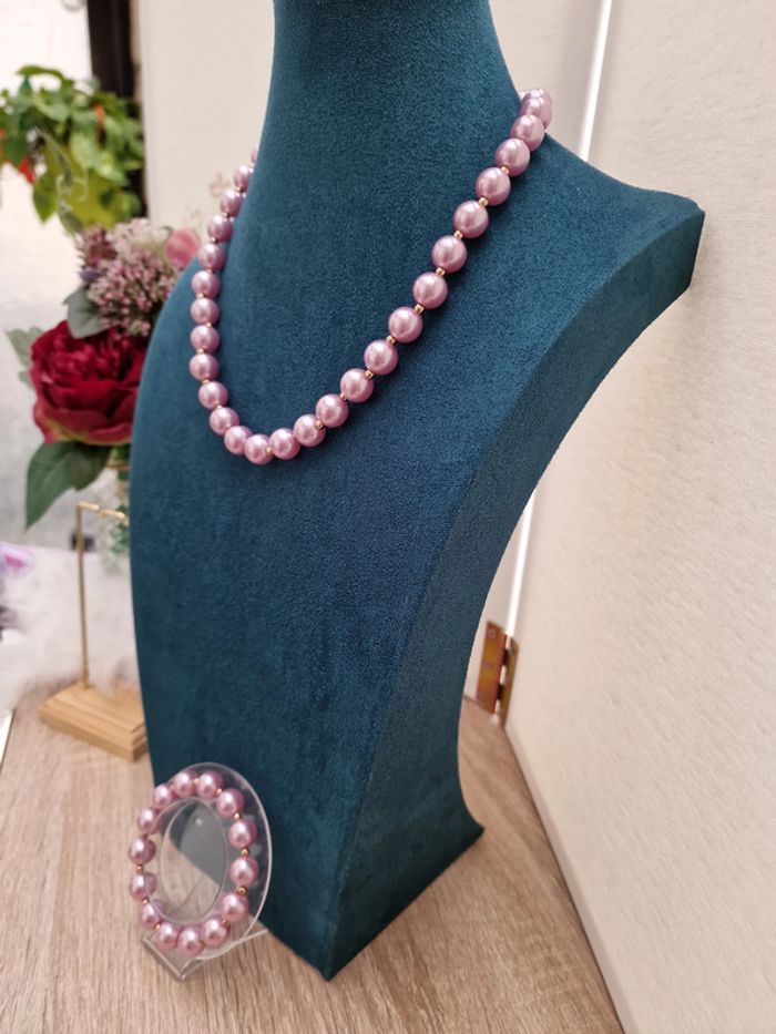 Parure Collier Bracelet De Perles Rose Lila Doré - photo numéro 6