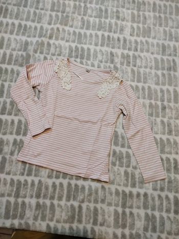 T-shirt haut manches longues rayure rose dentelle 3 ans