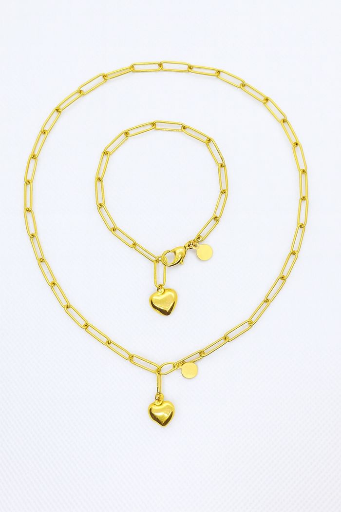 Parure collier & bracelet doré maillon rectangulaire avec pendentif cœur - photo numéro 3