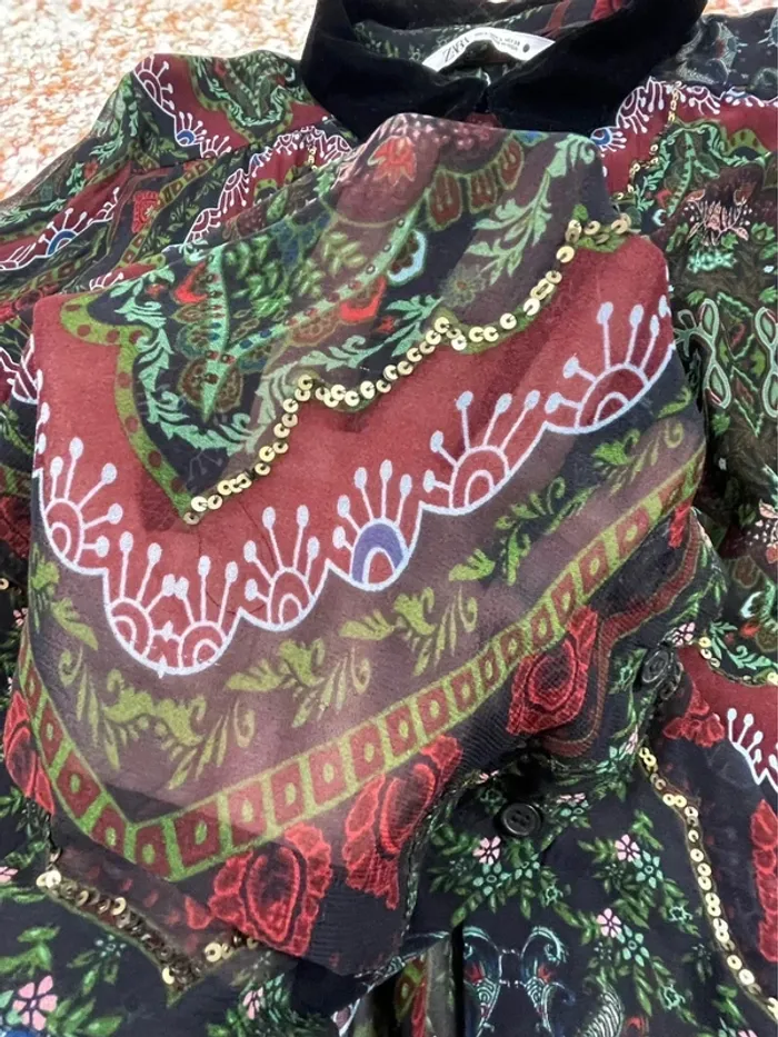 Chemise ZARA voile sequins paisley et col velours L - photo numéro 4