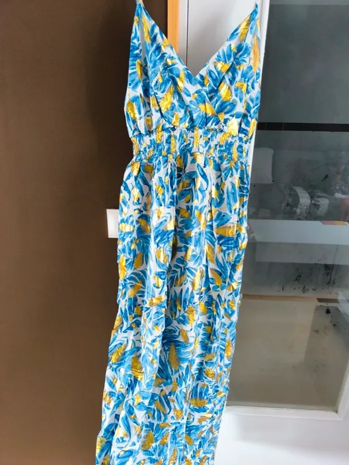 Robe longue imprimée tropicale bleue et dorée femme 40/42 - photo numéro 4