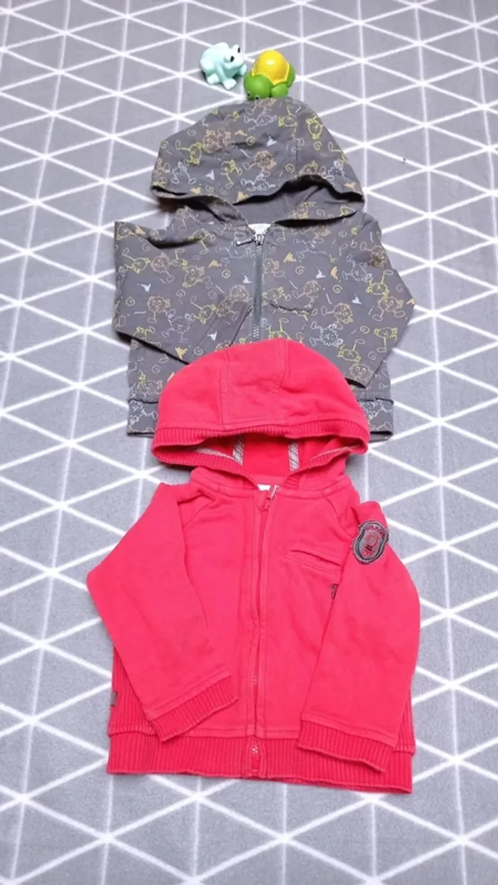 🦁 Lot 2 gilets zippés à capuche, 6 mois garçon