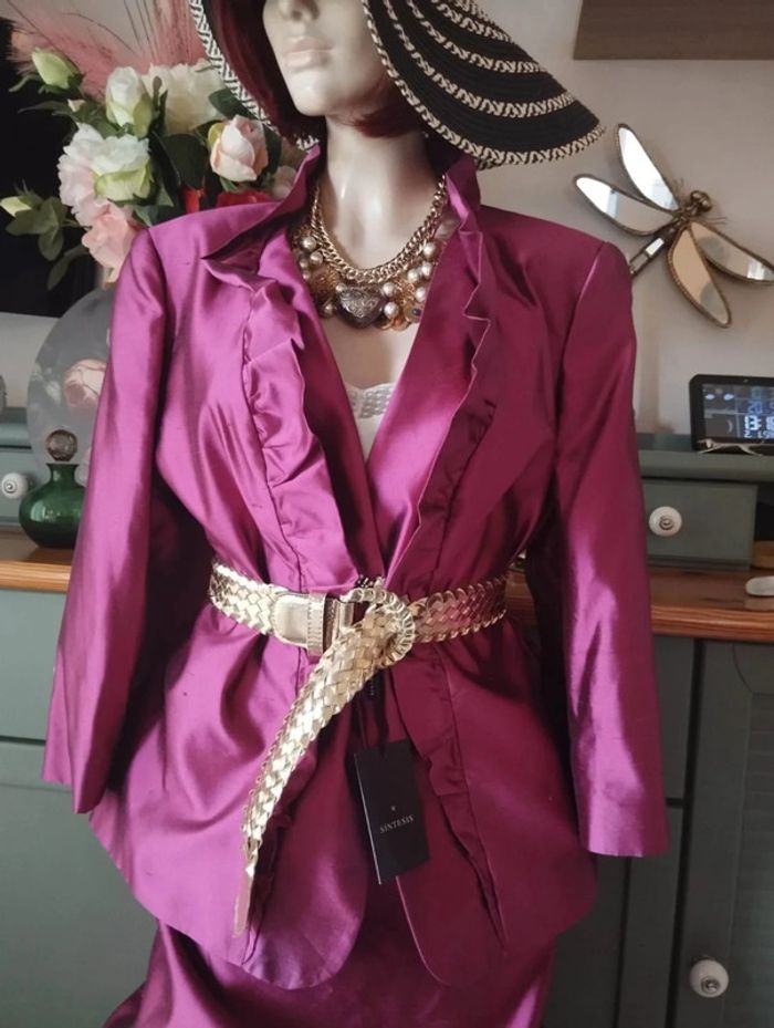 🌹 Ensemble Veste & Jupe Magenta Pure Soie Sintesis T50/52🌹 - photo numéro 2
