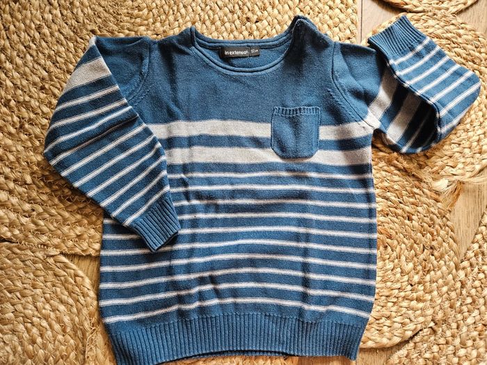 Pull col rond rayé bleu et gris In Extenso 2 ans