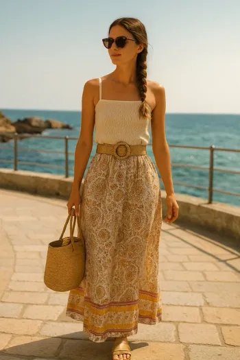 🌿 Jupe bohème ethnic motifs rose/jaune fluide – Taille unique - Neuve 🌸