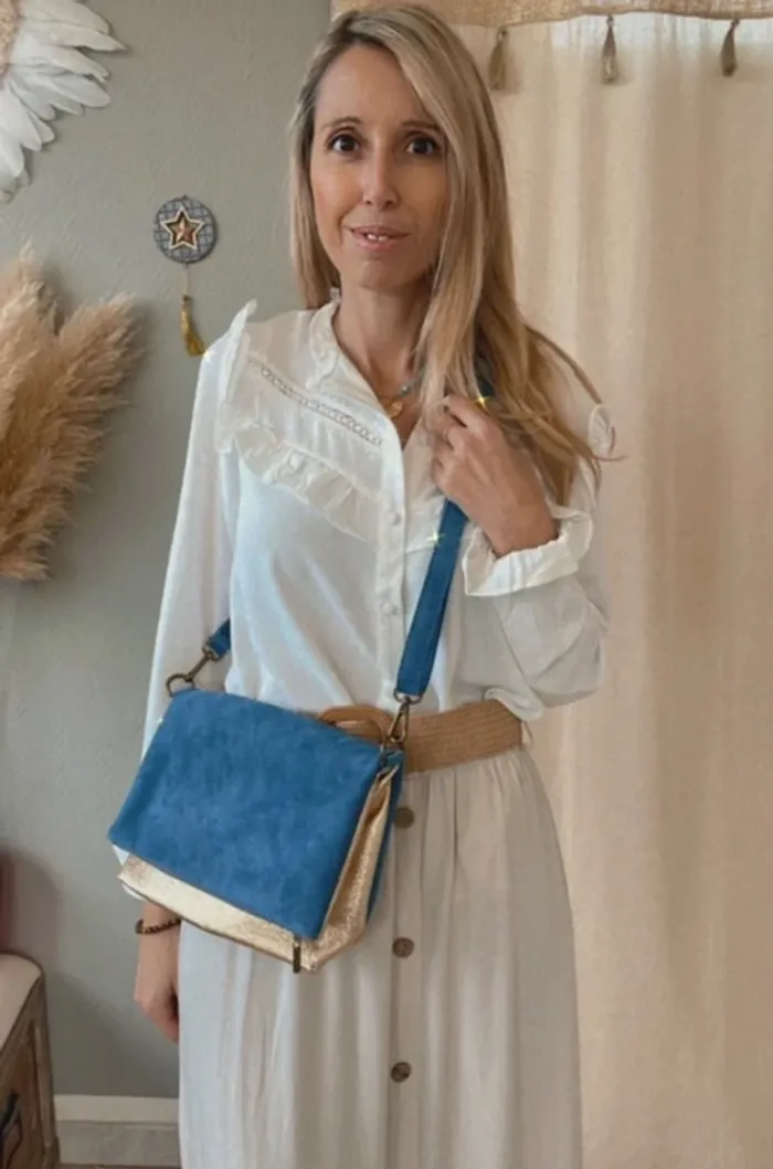 Sac cuir doré irisé et bleu avec bandoulière
