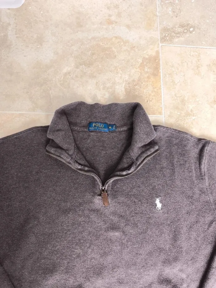 Pull quart zip camionneur Ralph Lauren marron logo blanc XL - photo numéro 3