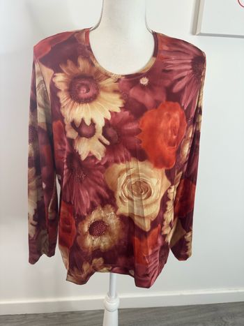 Blouse à fleurs bordeaux et orange Vintage T48 4XL
