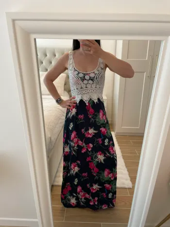 Robe, longue fleurie, Marine et Rose, 36