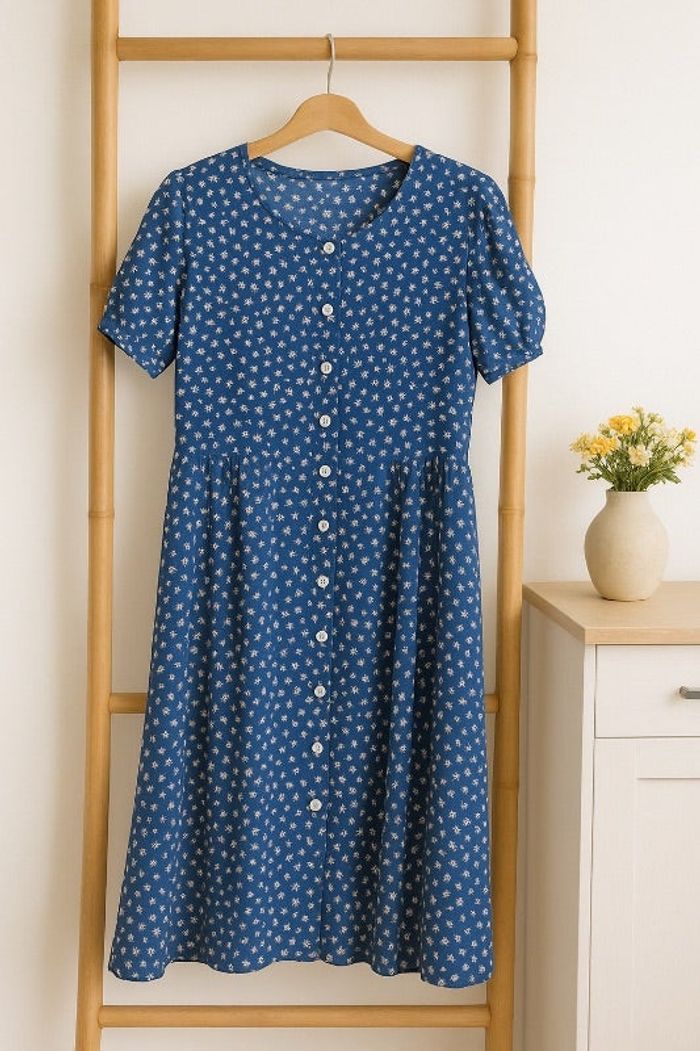 Robe longue bleue fleurs blanches