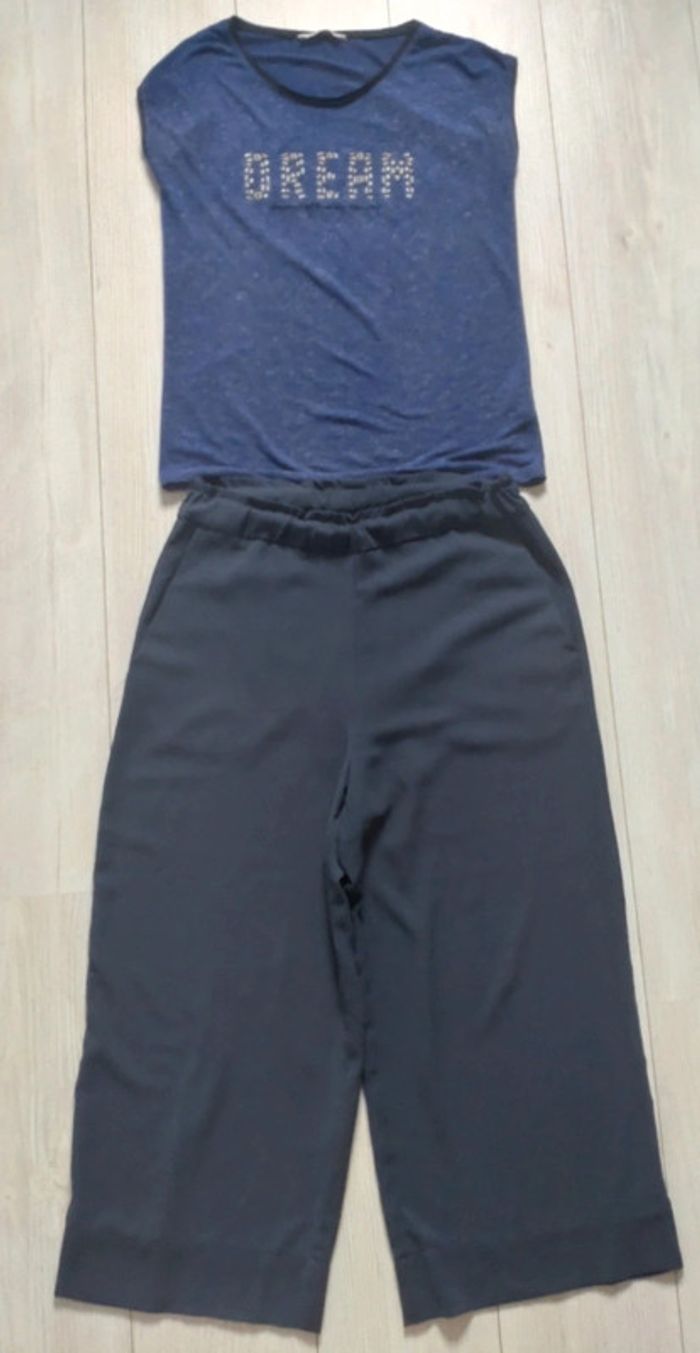 Pantalon fluide large bleu marine femme taille 40 + donne un t-shirt bleu "Dream"