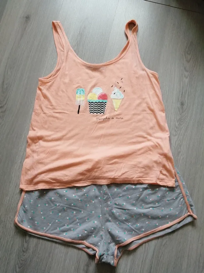 Ensemble de pyjama, short et débardeur gris et abricot imprimé glace / kiabi / (M)