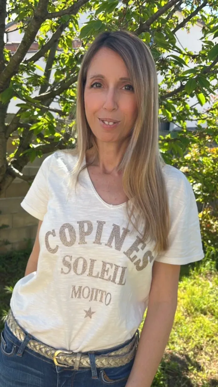 Tee-shirt coton tendance crème avec inscription dorée pailletée Taille unique - photo numéro 3