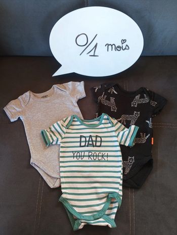 Lot de 3 bodies manches courtes Mixte 0/1 mois Dad you rock ! Léopard Hema