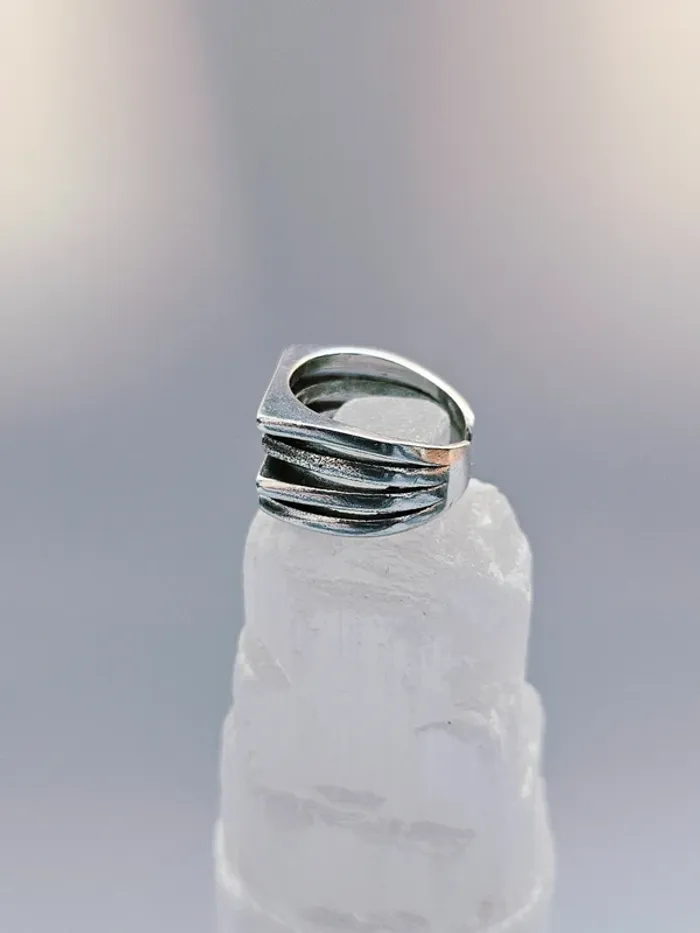 Bague Argentée Géométrique Lignes Superposées Ouverte - photo numéro 3