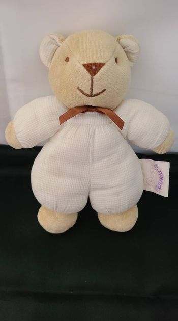 Doudou ours beige blanc noeud marron NOUKIE'S