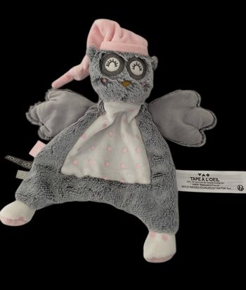 B6178❤️  Doudou Plat Chouette Hibou Gris Rose Blanc Pois TAO TAPE A L'OEIL