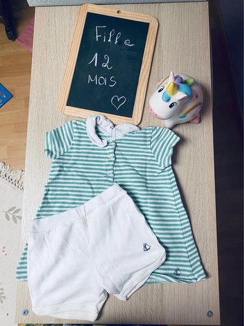 Ensemble robe rayée vert blanc short petit bateau 12 mois