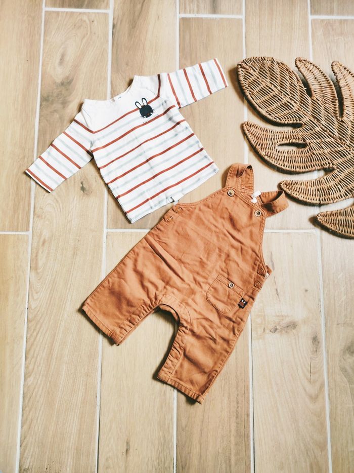 🐰Orchestra - Ensemble salopette marron et t-shirt à rayures motif lapin-taille 18mois