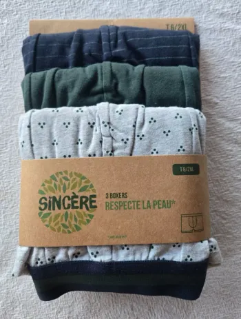 3 boxers taille 6/XXL vert, bleu et gris marque Sincère Label Oeko-Tex