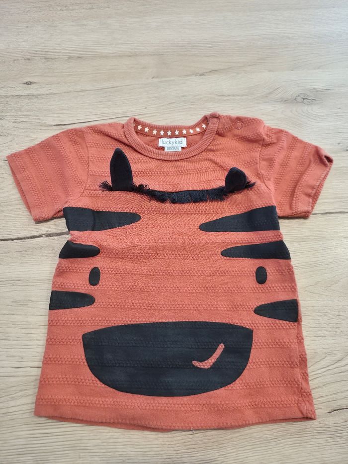 Tee-shirt teracota et noir zèbre avec oreilles, Luckykid, 18 mois / 80cm - photo numéro 2