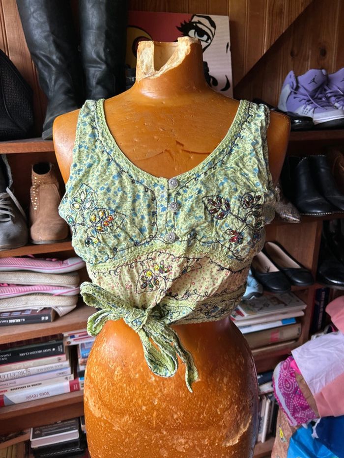 Crop top vert sequins dentelle - photo numéro 2